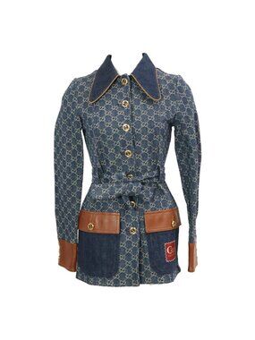 Gucci GG Denim Leather Trim Square Patch Belted 34 Jacket